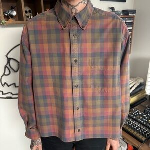 Vintage 90s Check Plaid Cropped Boxy Cotton Button Down Shirt Orvis ~ Size Large